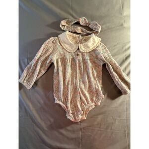 JoJo Maman Bebe Floral Smocked Romper Matching Headband Baby Girl 3-6M NWOT
